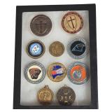 A Collection of Sports, Fraternal, and Historical Commemorative Coins and Medals in Display Case