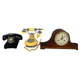 A Trio of Vintage Household Items Including a Seth Thomas Lynton-2W Mantel Clock and Desk Telephones