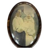 Antique Oval Father and Child Portrait in Convex Bubble Glass Tiger Stripe Frame