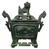 Chinese Bronze Rectangular Shakyasimha Censer with Seated Lion Finial