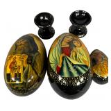 P. Konoplich A Set of St. Petersburg Lacquer Religious Eggs and Stands, 1993