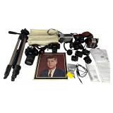A Collection of Digital and Vintage Film Cameras, Lenses, Tripod, and JFK Memorial Record Album