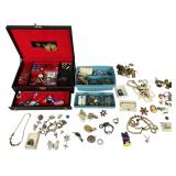 An Assortment of Vintage and Contemporary Costume Jewelry with a Two-Tier Jewelry Box and Organizers