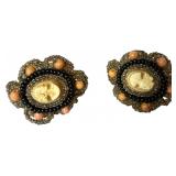 A Pair of Vintage Beaded Floral Cluster Screw Back Cameo Earrings