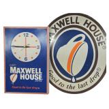Two Maxwell House Coffee Advertising Pieces Including a Wall Clock and Circular Metal Sign