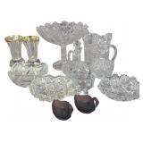 An Assortment of Antique and Vintage Cut and Pressed Glass Tablewares including Amethyst Satin Glass Swans