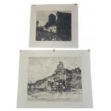 Two Leslie Cope Signed and Numbered Etchings The Gleaners and The Barn at Dusk