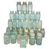A Collection of 27 Vintage Aqua and Clear Glass Canning Jars Including Ball and Atlas