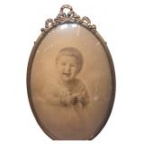 Antique Oval Metal Frame with Convex Bubble Glass and Portrait