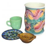 A Collection of American Art Pottery, Jadeite Glass, and Enamelware including McCoy and Fire-King