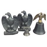 Set of 4 Patriotic Metal Decorative Items Including Emig Cast Iron Eagle Bookends and Bells