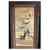 Victorian Mixed Media Relief Oil Paint on Glass Painting of Swallows in Flight