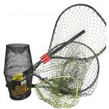 An Assortment of Fishing Equipment Including an EGO S2 Slider Landing Net and a Frabill Fish Trap