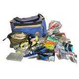 An Assortment of Freshwater Bass Fishing Tackle and Accessories with Plano Soft-Sided Bag