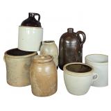 A Collection of Seven Antique and Vintage American Stoneware Crocks, Jugs, and Jars