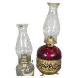 Two Non-Electric Table Oil Lamps Including an English Brass and Red Glass Example