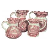 A Set of Mason's Patent Ironstone Red Transferware Jugs in the Vista Pattern