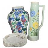 An Assortment of E. Radford Hand-Painted Pitcher, Japanese Porcelain Vase, and German Porcelain Plates