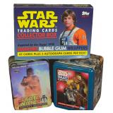 Three Star Wars Trading Card Sets Including 2017 Topps Sugar-Free Gum Collector Box and Two Factory Sealed Tins