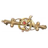 Edwardian 9 Karat Yellow Gold Bar Brooch with Red Gemstone by Sydenham Brothers 1906