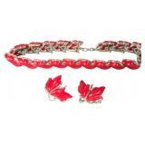 Kramer of New York Red Thermoset and Silver-Tone Leaf Necklace and a Pair of Earrings