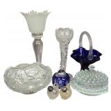 A Collection of Seven Decorative Glass Items Including Handcrafted Romanian Crystal and Opalescent Hobnail