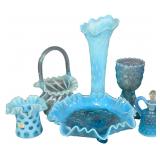 A Set of Six Fenton Blue Opalescent Art Glass Decorative Pieces