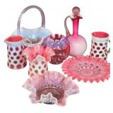 A Collection of Eight Fenton and American Cranberry and Pink Opalescent Glass Decorative Items