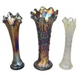 Three American Carnival and Opalescent Glass Swung Vases including Northwood