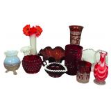 A Collection of American and European Art Glass including Fenton Ruby and Milk Glass