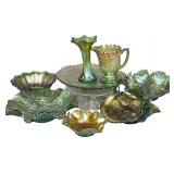 An Assortment of Eight Green Iridescent Carnival Glass Pieces Including Uranium Glass