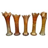 A Group of Five Antique Marigold Carnival Glass Swung Vases Including Tree Trunk and Ripple Patterns