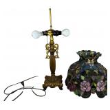 Leaded Glass Butterfly and Rose Motif Table Lamp with Gilded Cast Metal Base