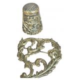 Two Sterling Silver Items Including a Foliate Scroll Brooch and a Mexican Thimble