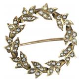 Antique 10 Karat Yellow Gold and Seed Pearl Wreath Brooch
