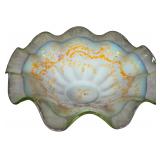 Victorian Uranium Opalescent Glass Bride's Bowl with Hand Enameled Floral Decoration