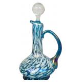 Rainbow Art Glass Blue and White Pulled Feather Cruet with Iridescent Handle