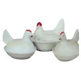 A Trio of Westmoreland White Milk Glass Hen on Nest Covered Dishes