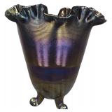 Fenton Amethyst Carnival Glass Fine Rib Three Footed Ruffled Vase