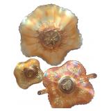 A Trio of Fenton and Dugan Marigold Carnival Glass Bowls including Kittens and Cosmos Patterns