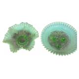 Two Jefferson Glass Company Green Opalescent Ruffled Bowls