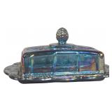Indiana Glass Harvest Grape Pattern Blue Carnival Glass Covered Butter Dish