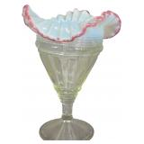 Jefferson Glass Fluted Bars and Beads Uranium Opalescent Compote with Cranberry Rim