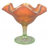 Fenton Marigold Carnival Glass Peacock at the Urn Uranium Glass Compote