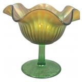 Northwood Green Carnival Glass Fine Rib Ruffled Compote