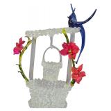 Hand Blown Spun Glass Wishing Well Figurine with Blue Bird and Pink Flowers