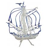 Spun Glass Sailing Ship Sculpture in Clear and Cobalt Blue