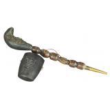 Carved Wood Pipe with Stacked Faces and Lidded Container Featuring Shou Character