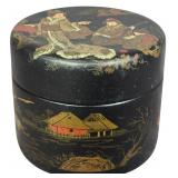 Japanese Black Lacquer Papier Mache Lidded Box with Figural and Warrior Scenes