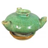 Chinese Yuan to Early Ming Dynasty Copper Green Glazed Three Nozzle Ritual Oil Lamp